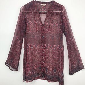 Converse One Star Burgundy Paisley Print Semi Sheer Button Up Tunic Blouse